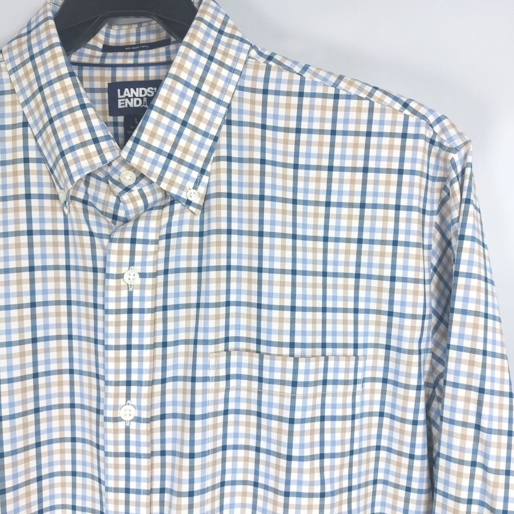 Lands End Mens Plaid Shirt Size Large Long Sleeve Button Down‎ No Iron Twill